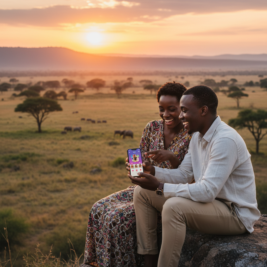 Couple on a modern dating app looking at phone screen smiling East Africa horizontally