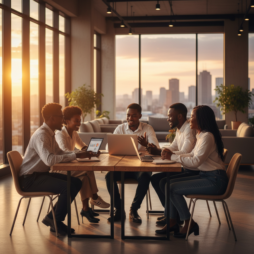 Kenyan entrepreneur working on laptop in a co-working space discussing online earning horizontally