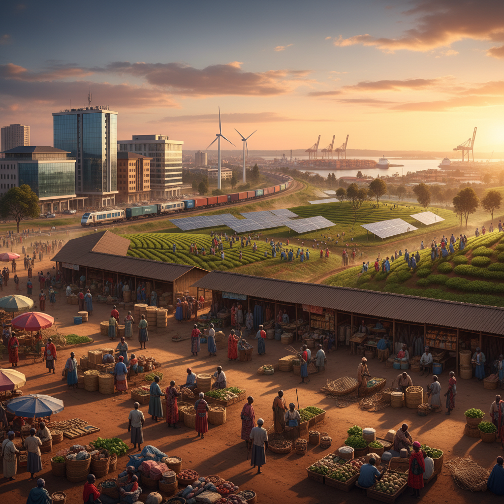 Kenya economy diverse industries bustling markets workers collaborating horizontally