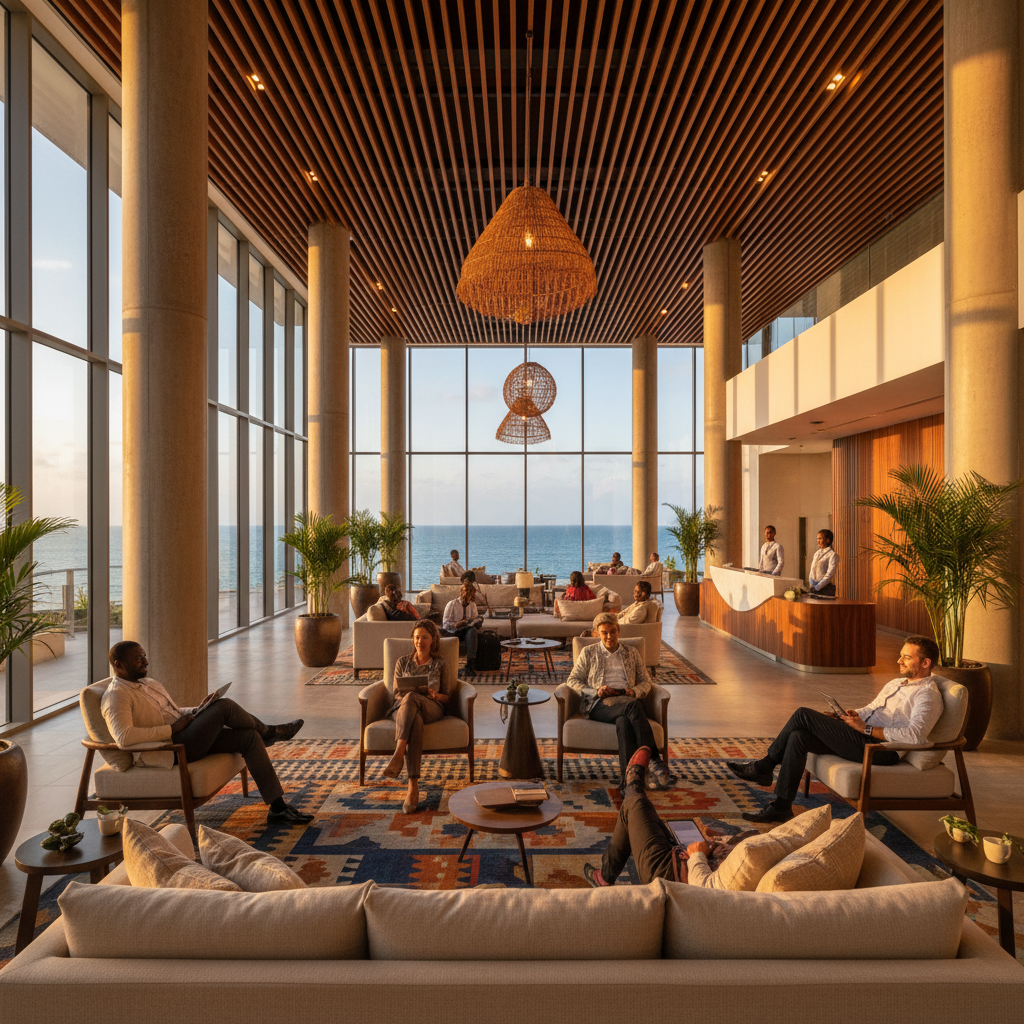 Modern hotel lobby in Mombasa with business travelers relaxing comfortable ambiance horizontally