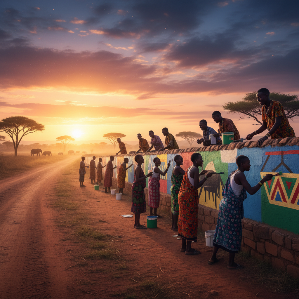Group of diverse young adults laughing and chatting in a park Nairobi Kenya horizontally