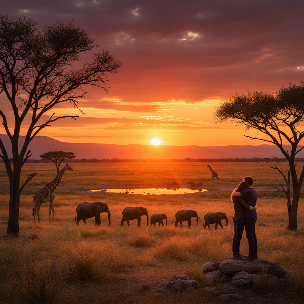Romantic sunset view over the savanna with a couple silhouetted Kenya horizontally