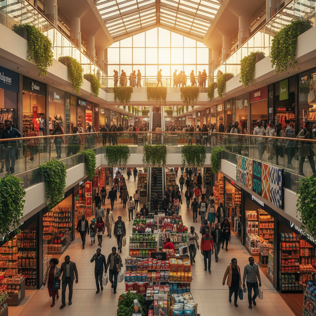 Busy shopping mall in Nairobi shoppers browsing stores diverse products horizontally