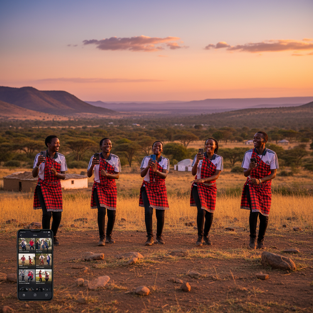Young Kenyans using smartphones engaging with social media trends dancing challenges horizontally