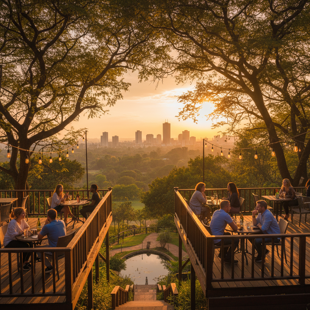 Trendy cafe in Nairobi with young adults socializing coffee drinks discussion horizontally