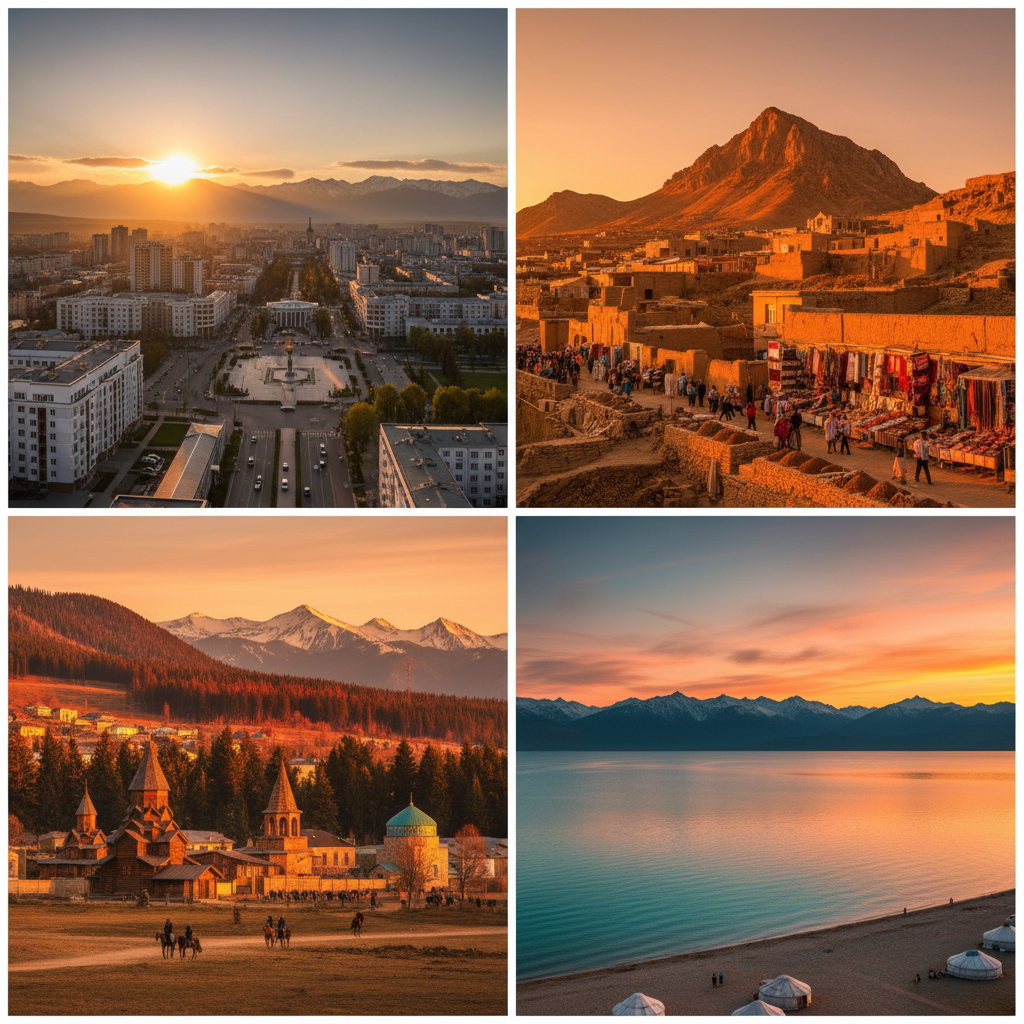 Kyrgyzstan cities Bishkek Osh Karakol Issyk-Kul travel collage