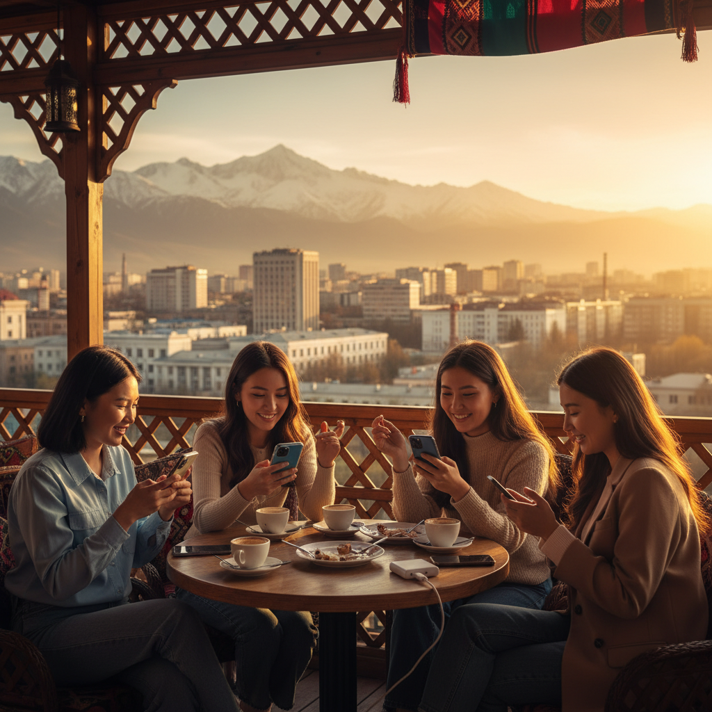 Central Asian young people smartphone cafe social media Bishkek