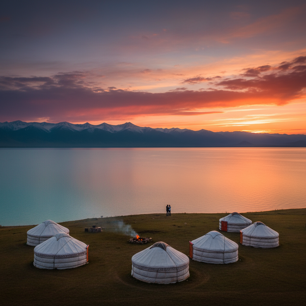 Issyk-Kul lake yurt camp mountain view romantic sunset