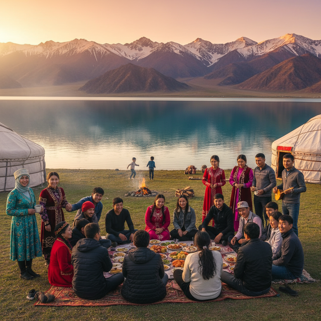 Kyrgyzstan diverse people mountain lake social gathering connection
