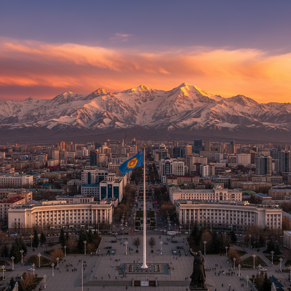 Bishkek city skyline Ala-Too square Tian Shan mountains sunset