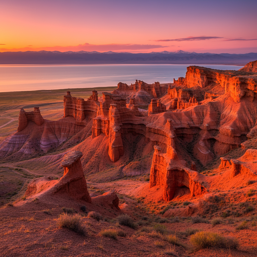 Skazka canyon Issyk-Kul red rocks sunset panorama