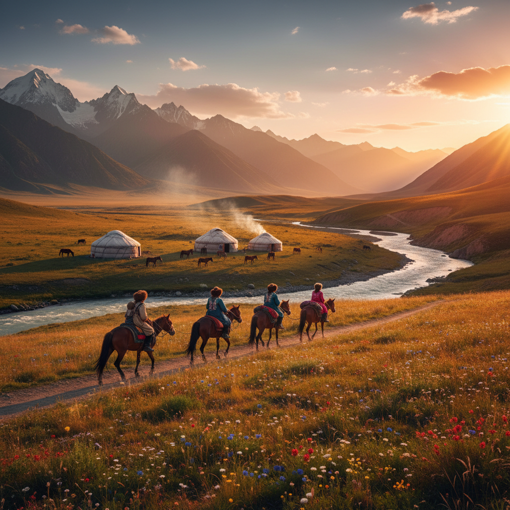 Kyrgyz yurt nomad culture horse riding mountain landscape