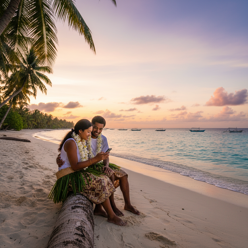 Couple watching sunset Tarawa Kiribati atoll Pacific ocean romantic golden