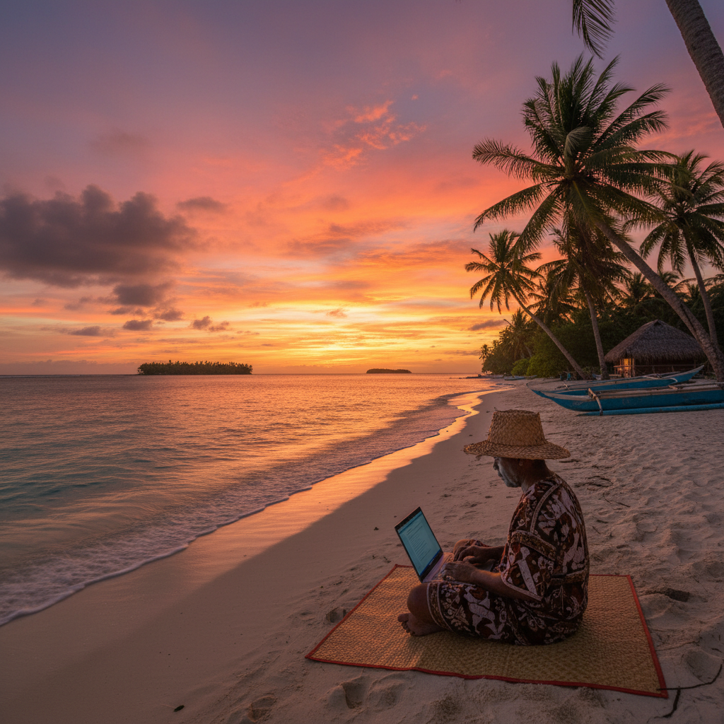 Young I-Kiribati professional smartphone Tarawa Pacific island cafe