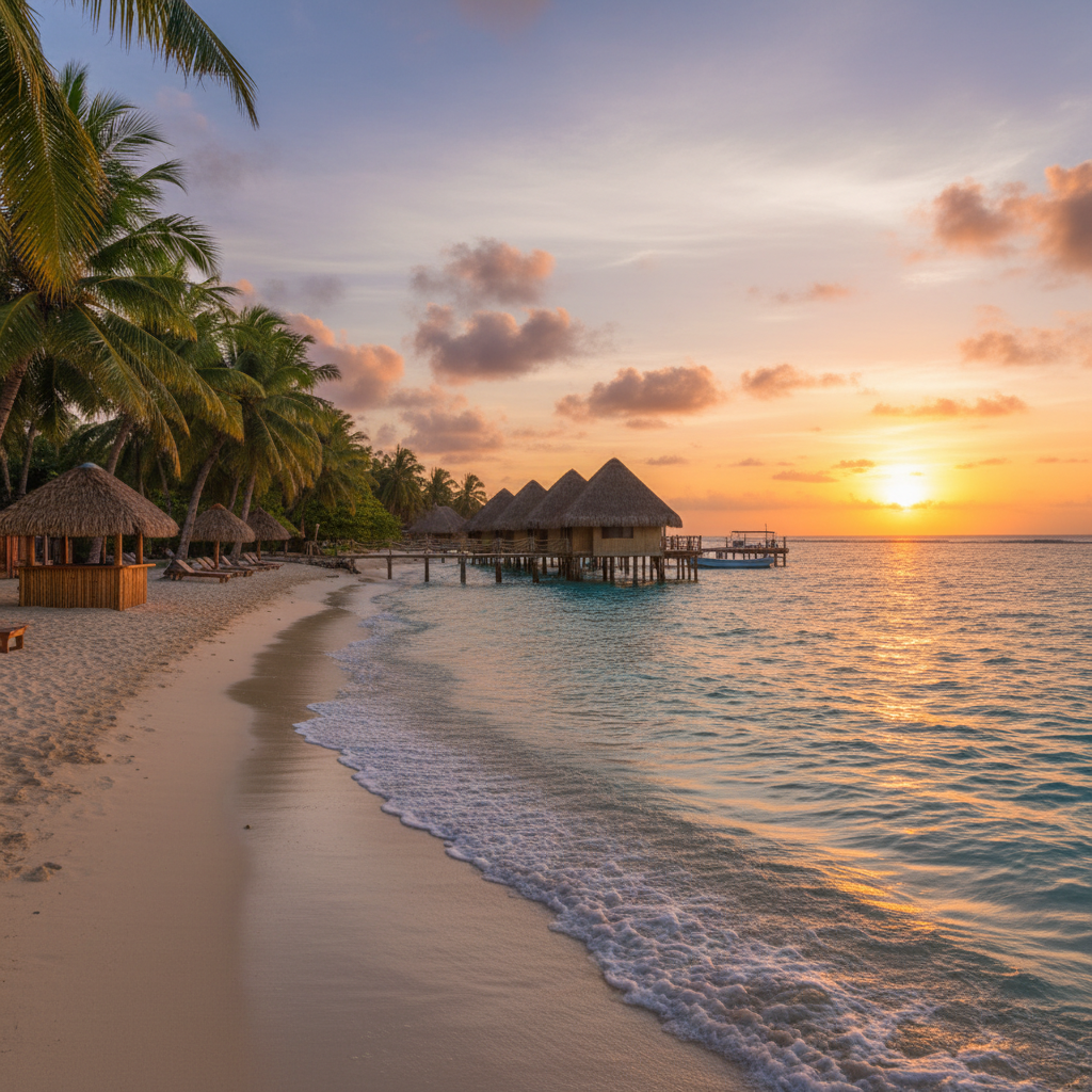 Kiribati traditional guesthouse lagoon view Pacific island tropical sunset