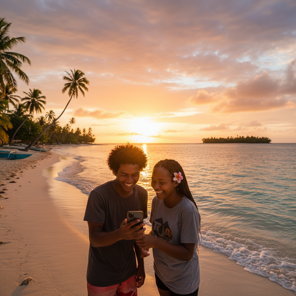 Kiribati youth sharing mobile phone