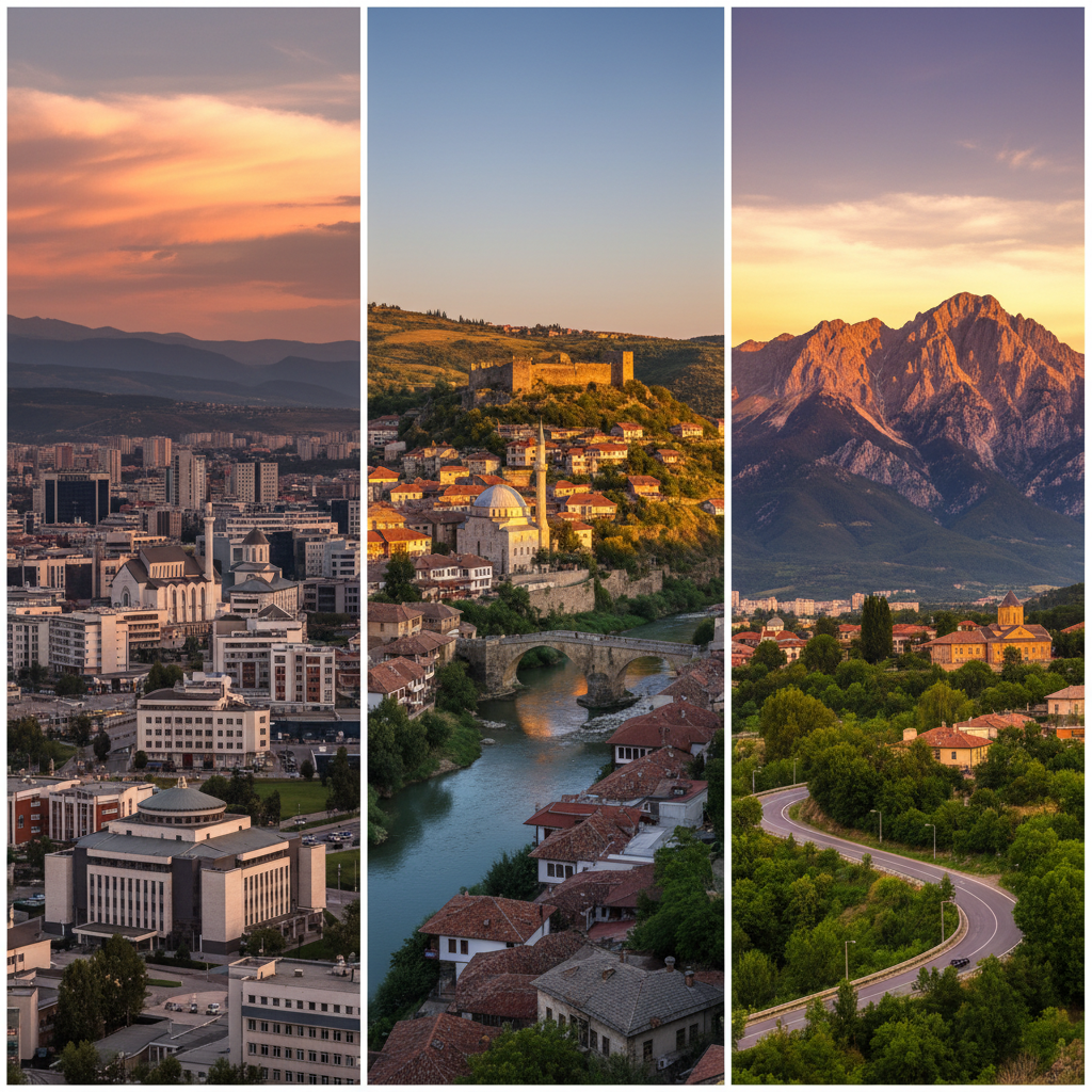 Kosovo cities Pristina Prizren Peja travel collage mountains