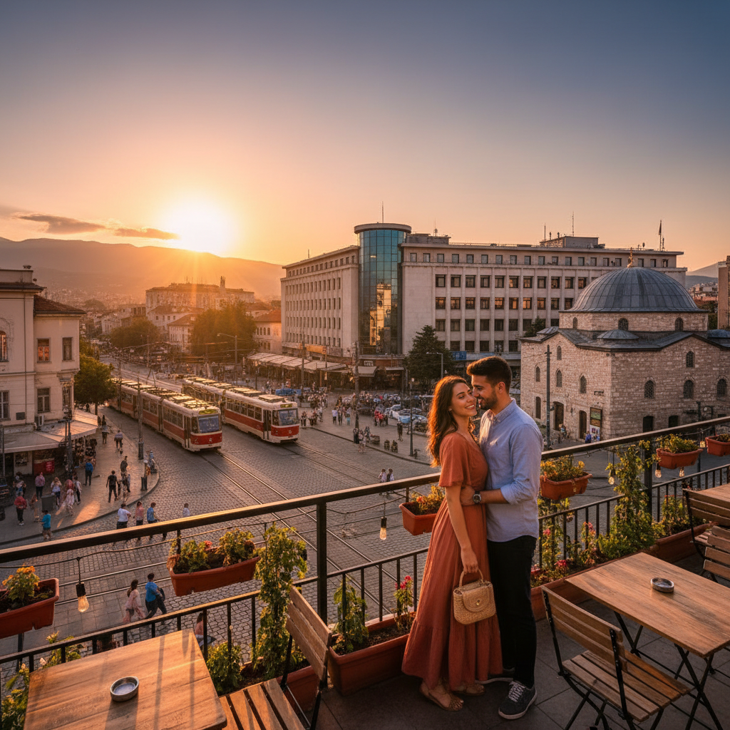 Young couple meeting cafe terrace Pristina Kosovo