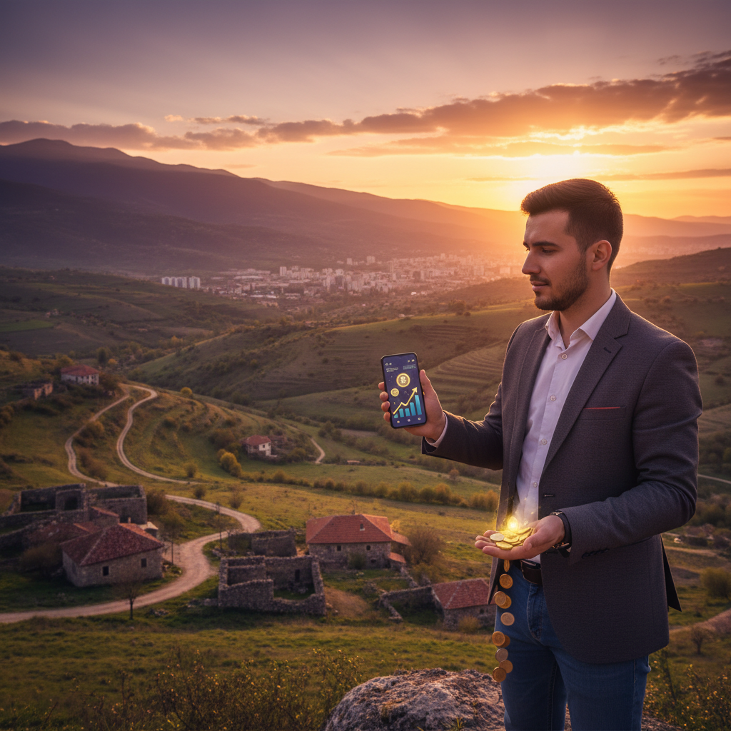 Kosovo young professional smartphone coins digital earning