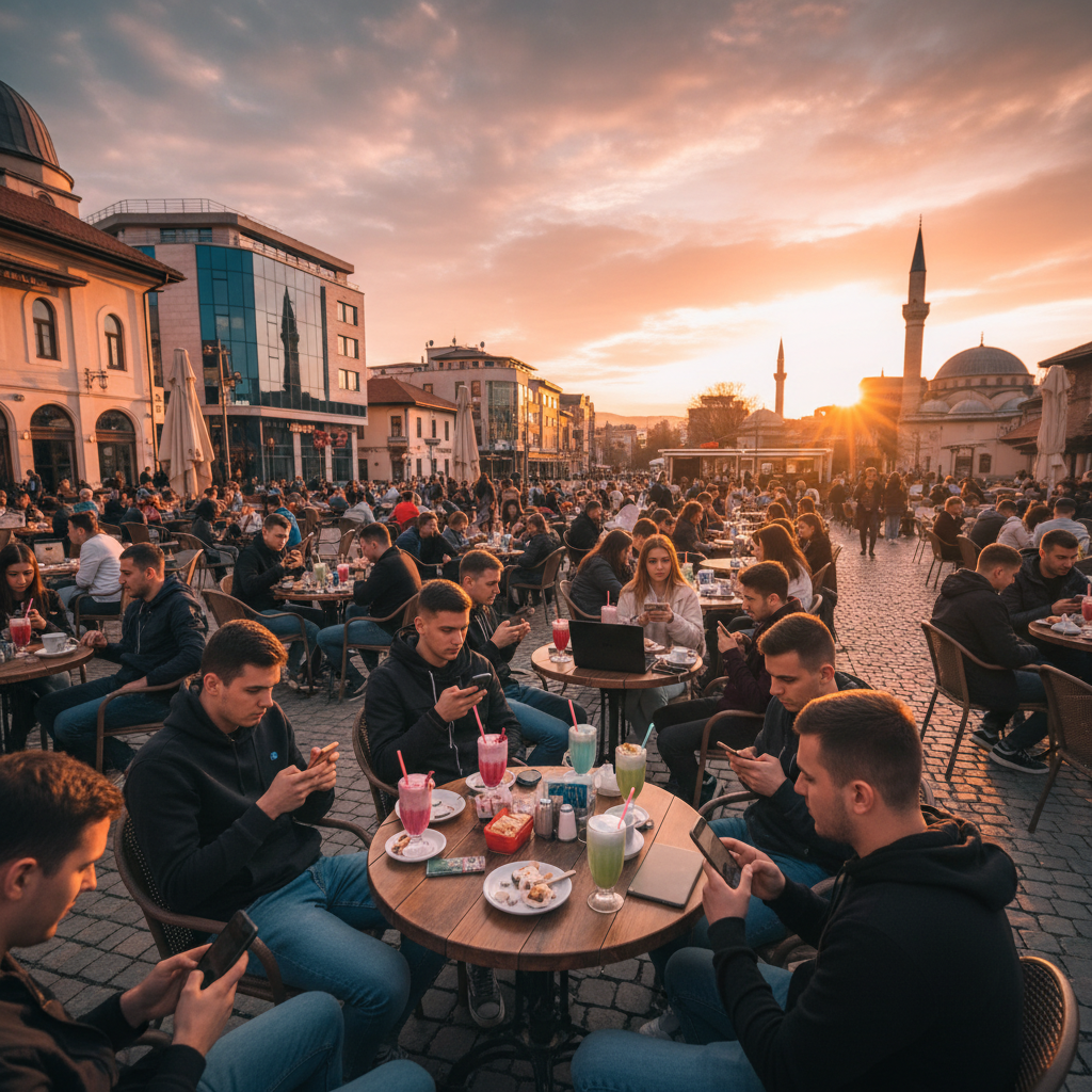 Young people smartphone cafe Pristina Balkans social media