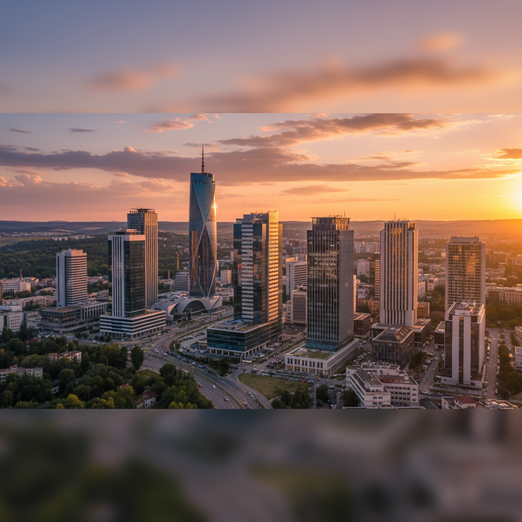 Pristina Kosovo cityscape modern buildings sunset golden hour