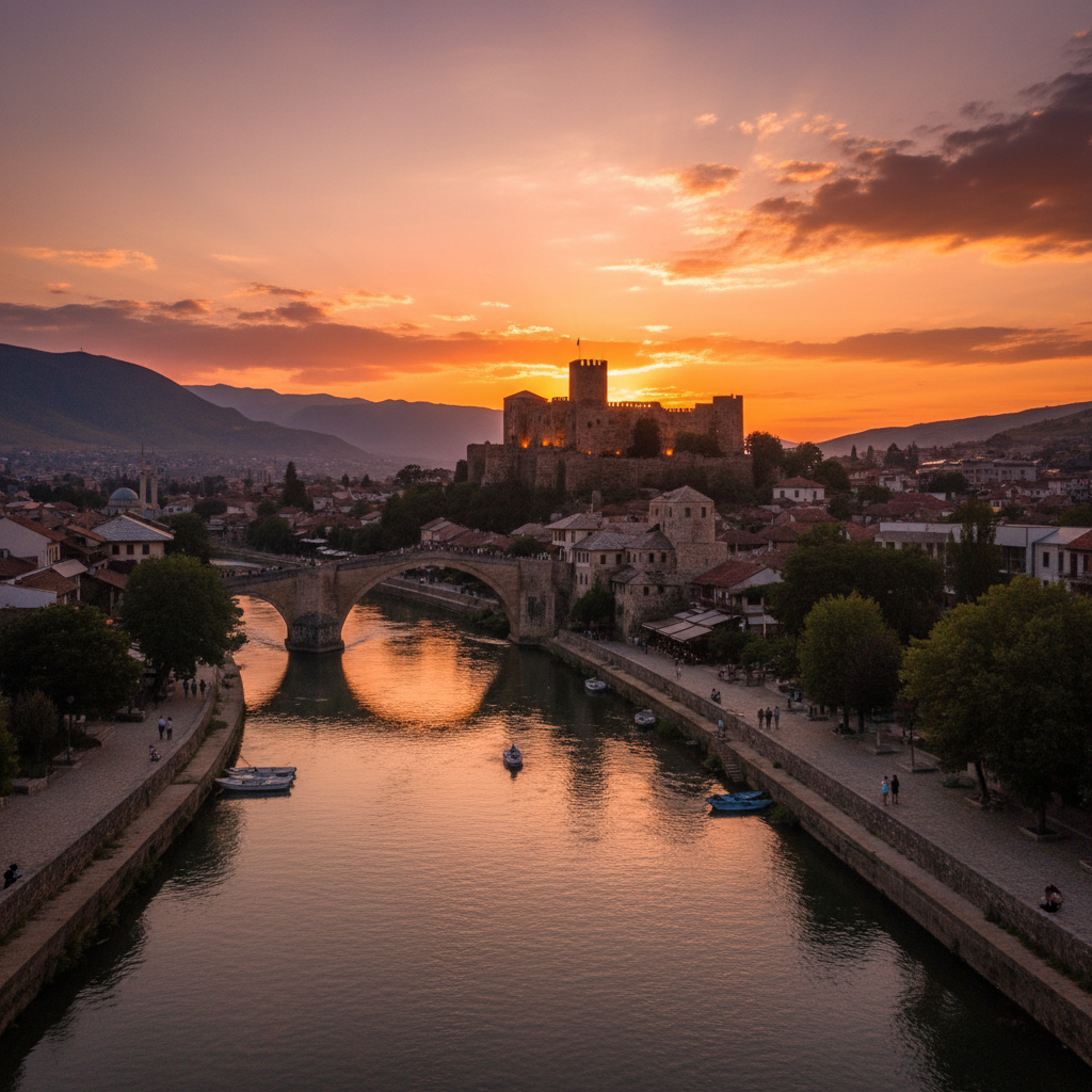 Prizren fortress sunset panoramic view Bistrica river romantic