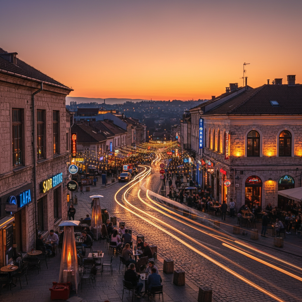 Pristina nightlife bar Qafa district evening lights