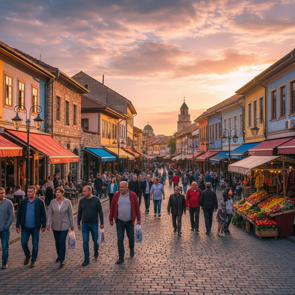 Vibrant street scene in Prishtina, Kosovo, horizontal