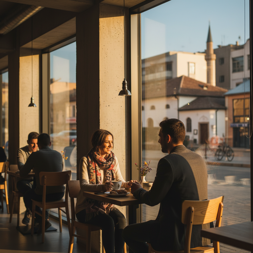 Couple on a date in a modern cafe, Kosovo, horizontal