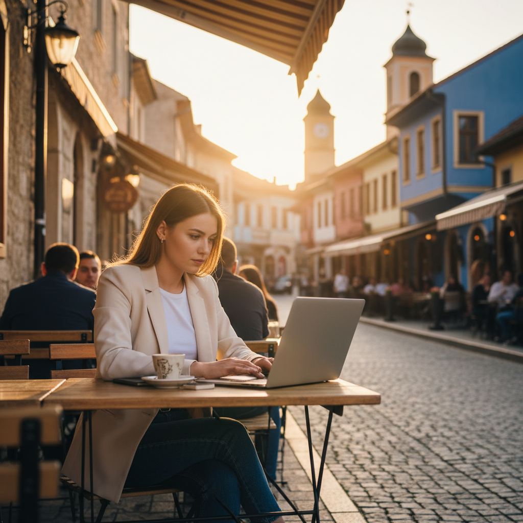 Young professional working on a laptop in a cafe, Kosovo, horizontal