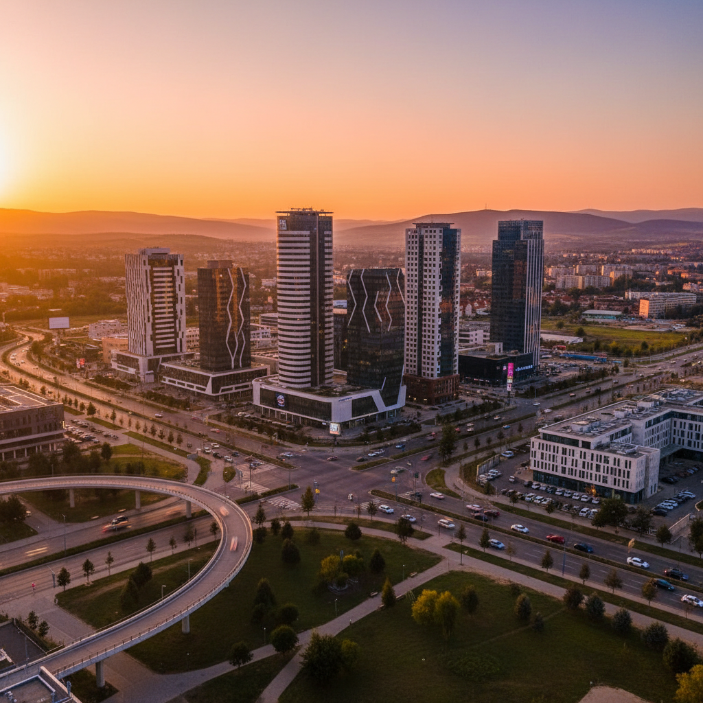 Modern business district in Kosovo, horizontal
