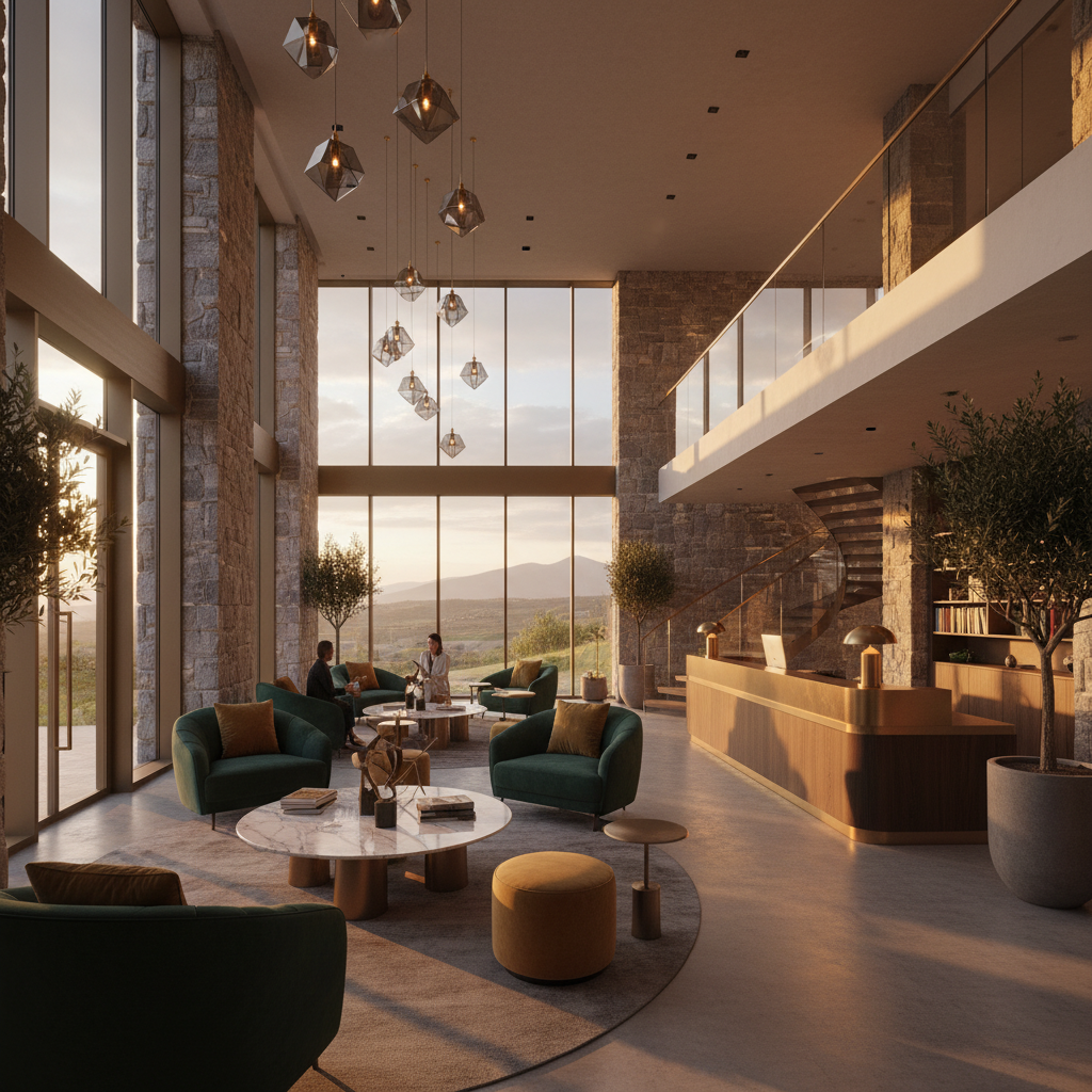 Stylish hotel lobby in Kosovo, horizontal