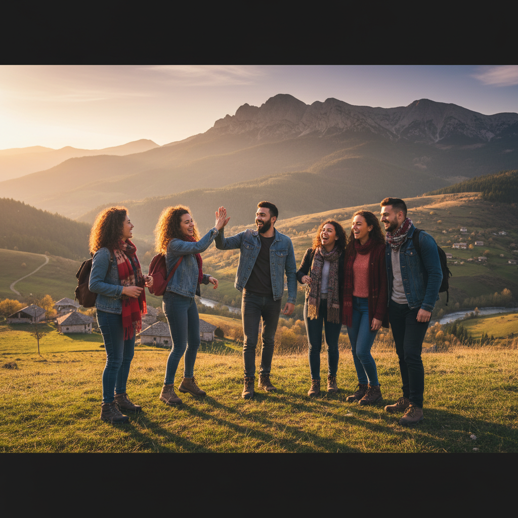 Group of diverse young people smiling and connecting, Kosovo, horizontal