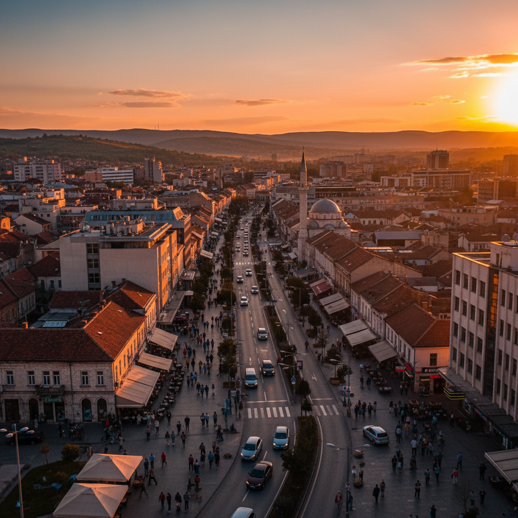 Overview of Kosovo city street life, horizontal