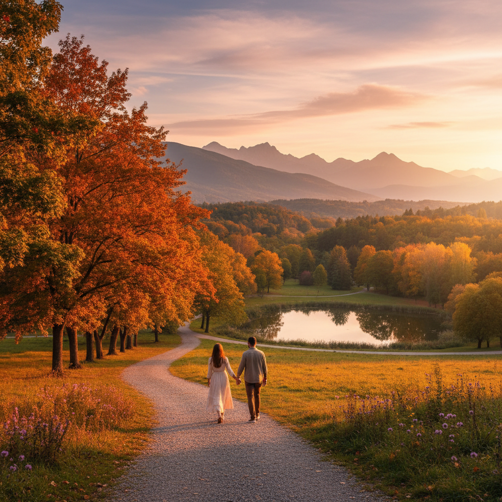 Romantic couple walking hand-in-hand in a park, Kosovo, horizontal