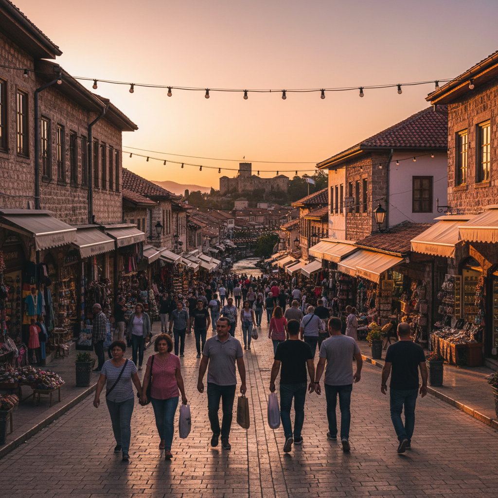 Bustling shopping street in a Kosovo city, horizontal