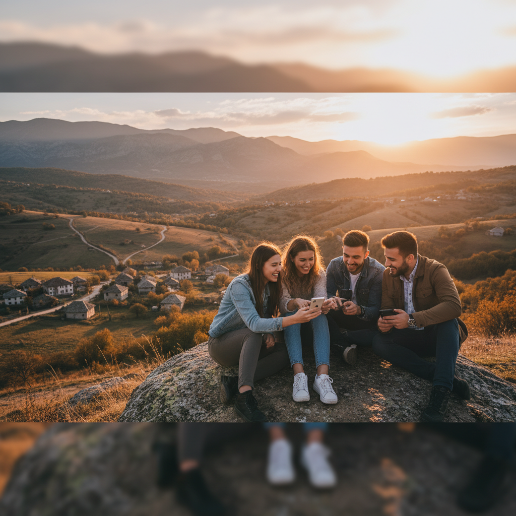 Young adults using smartphones, sharing content, Kosovo, horizontal