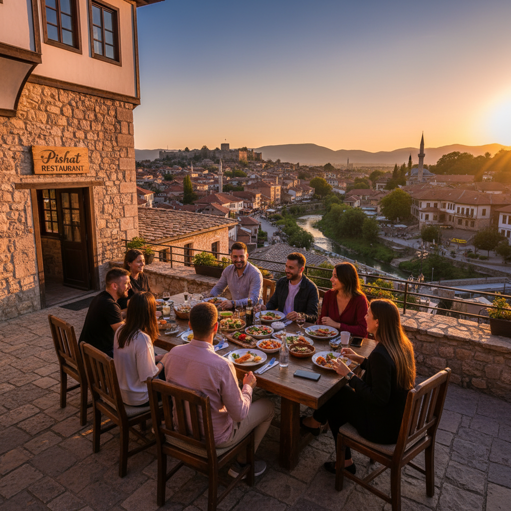 Friends gathering at a popular restaurant in Kosovo, horizontal