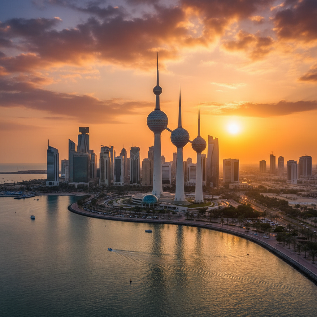 Kuwait City skyline Kuwait Towers sunset golden hour