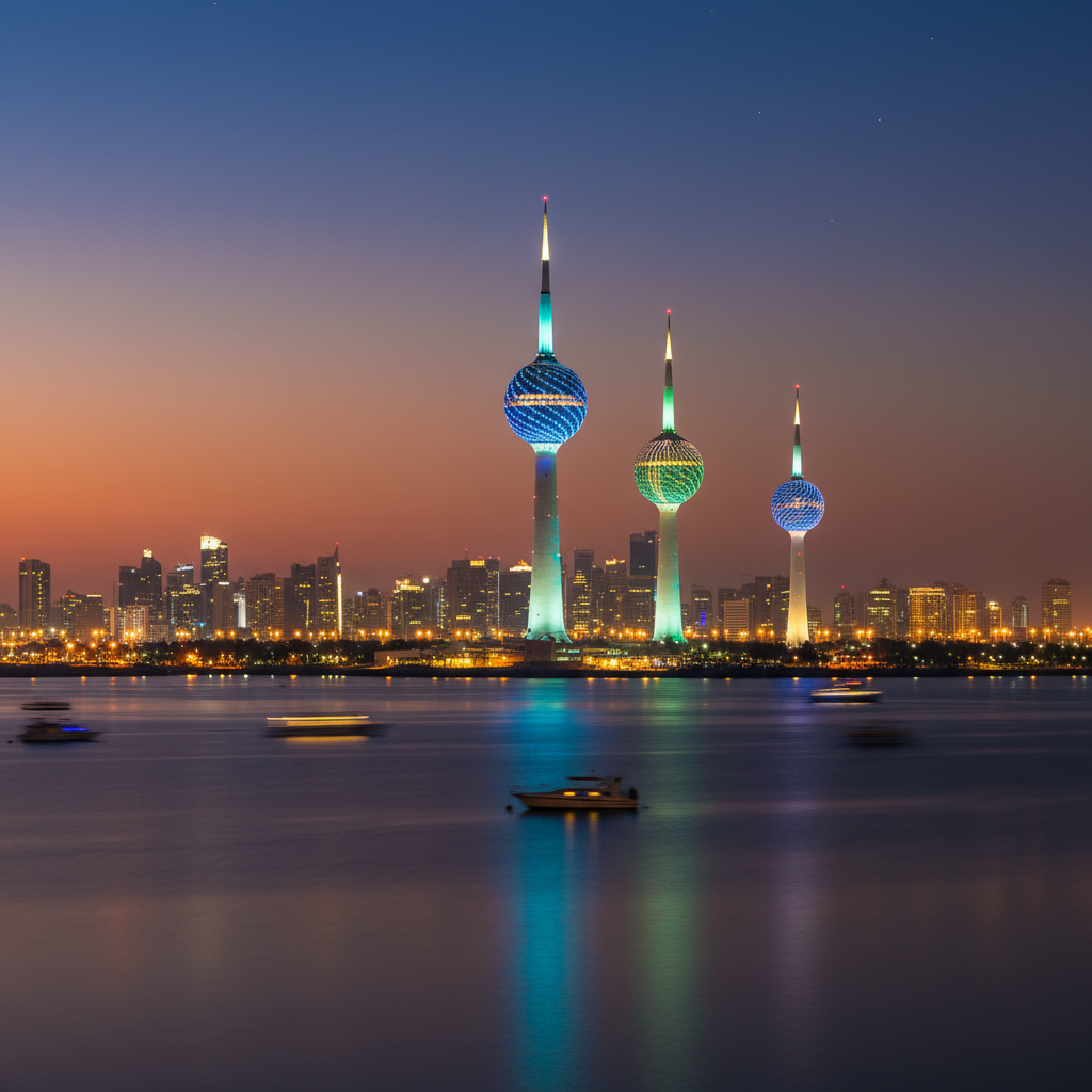 Kuwait Towers night illumination romantic cityscape