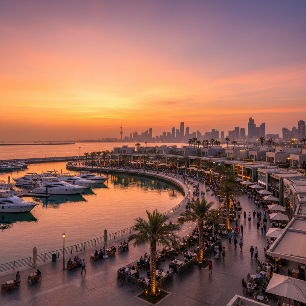 Marina Crescent Kuwait City waterfront cafes evening