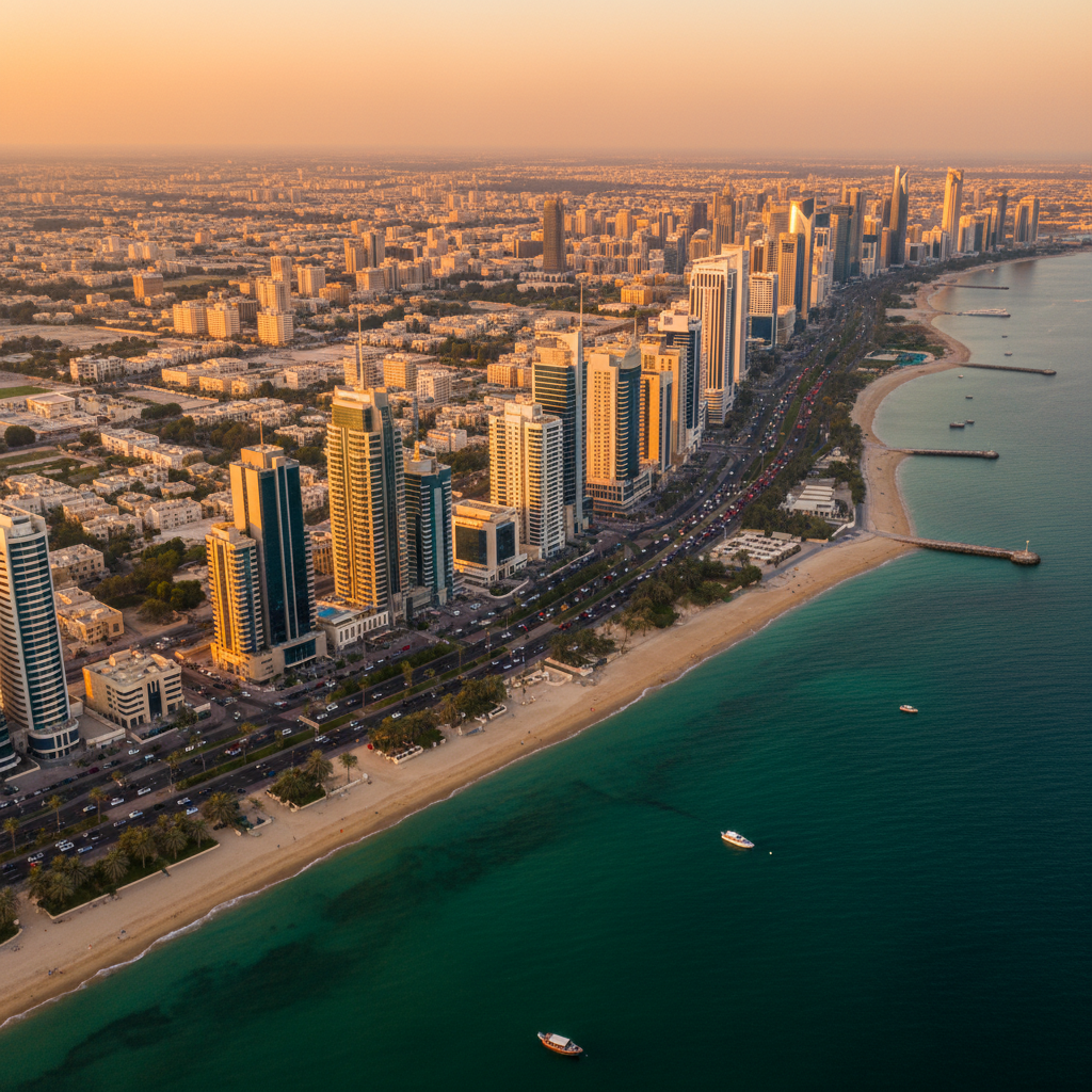 Aerial view of Kuwait City coastline and urban sprawl, horizontal