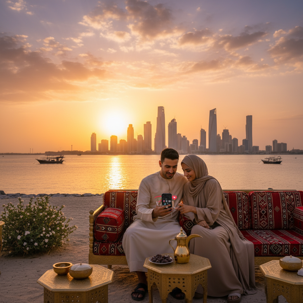 Couple discreetly using a dating app on a phone in Kuwait, horizontal