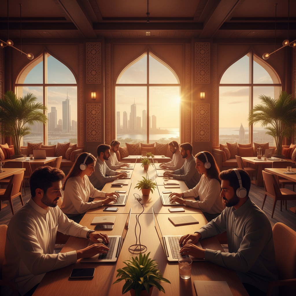 Kuwaiti entrepreneurs working on laptops in a co-working space, horizontal