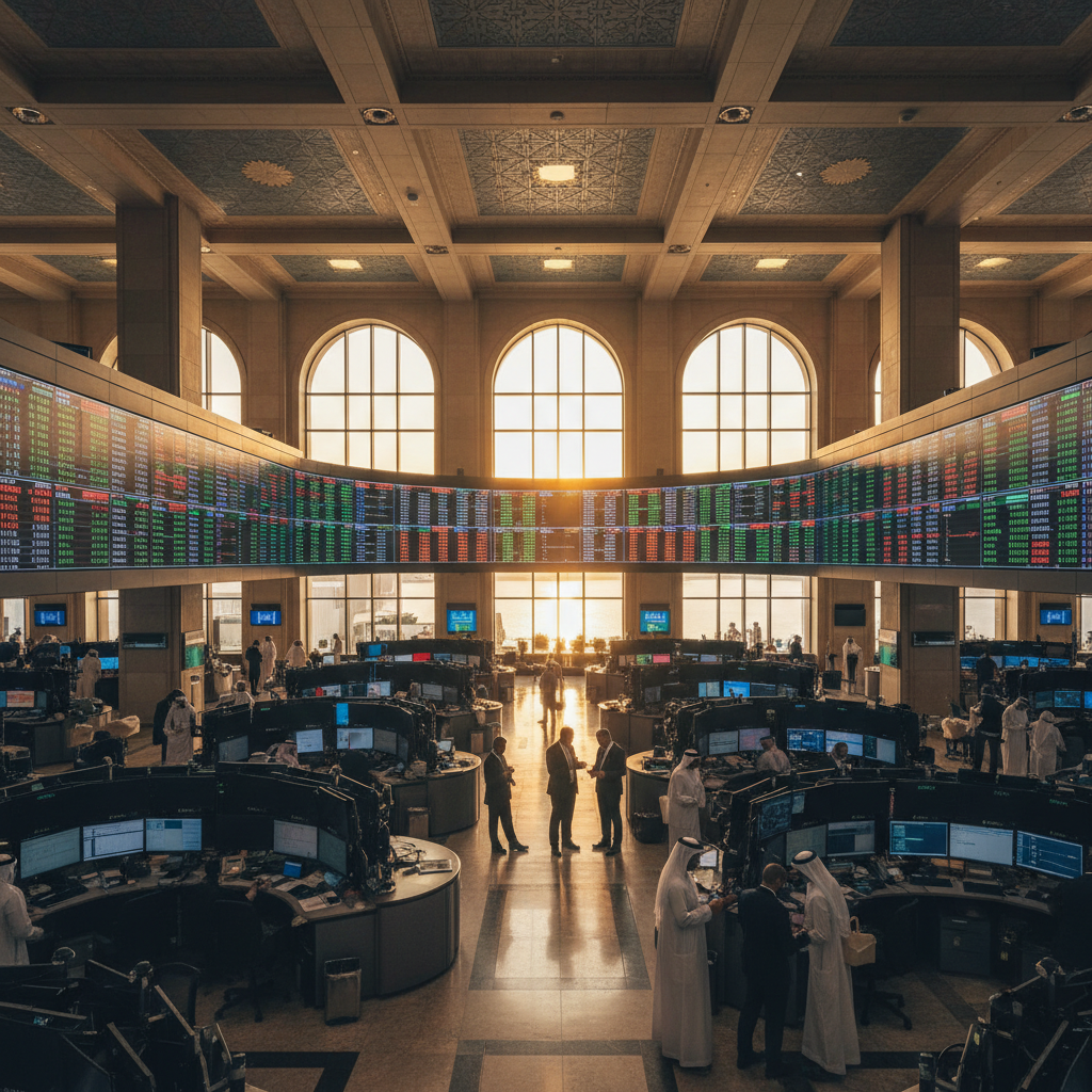 Kuwait stock market financial trading floor with digital screens, horizontal