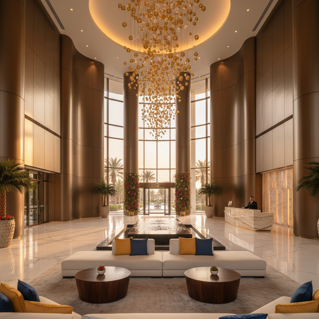 Luxury hotel lobby interior in Kuwait with modern design, horizontal