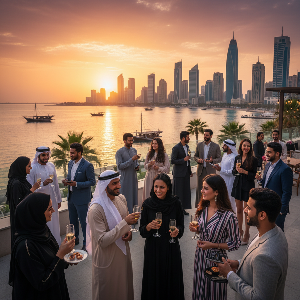 Diverse group of young Kuwaiti professionals networking at an event, horizontal