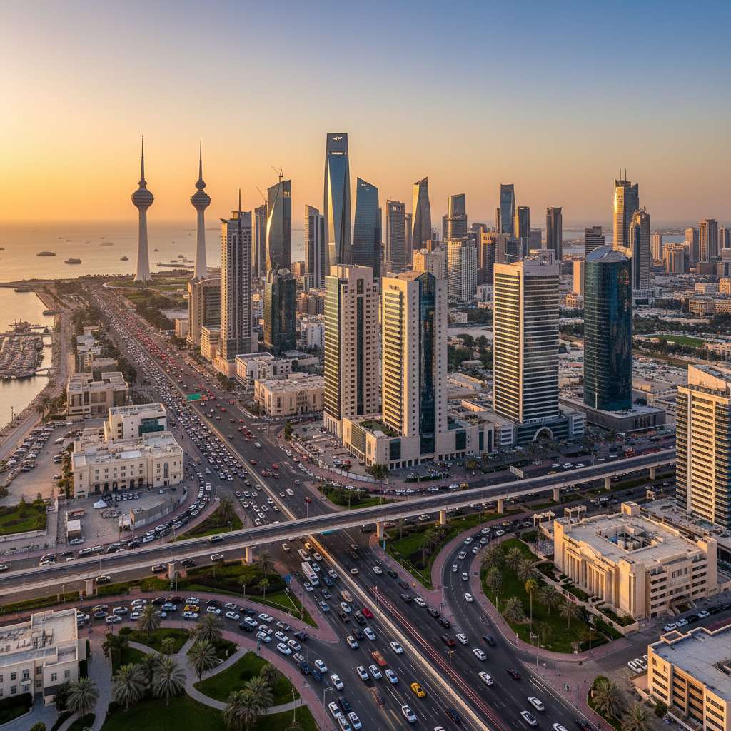 overview of modern Kuwait city skyline with busy streets, horizontal