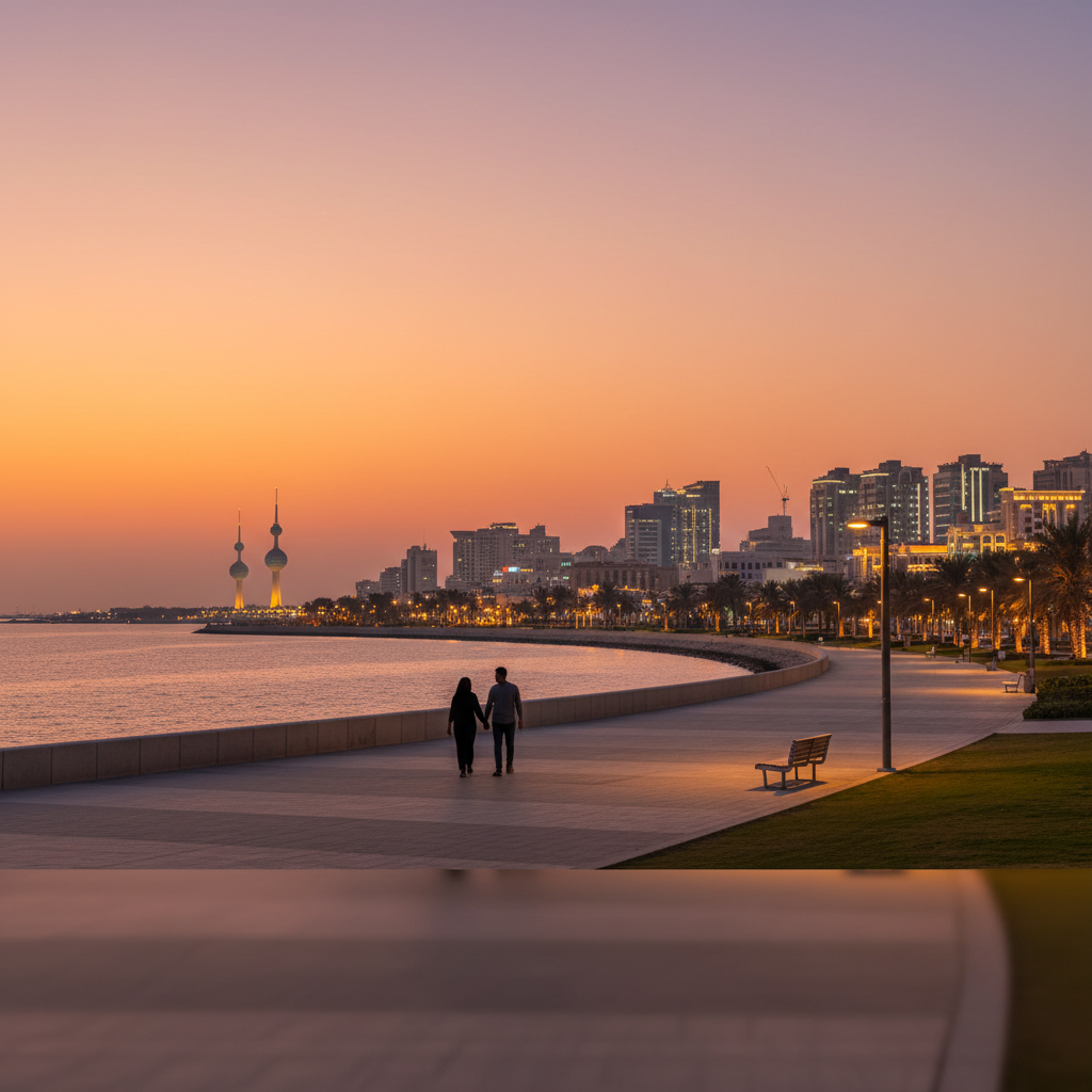 Romantic evening walk along the Kuwait Corniche with city lights, horizontal