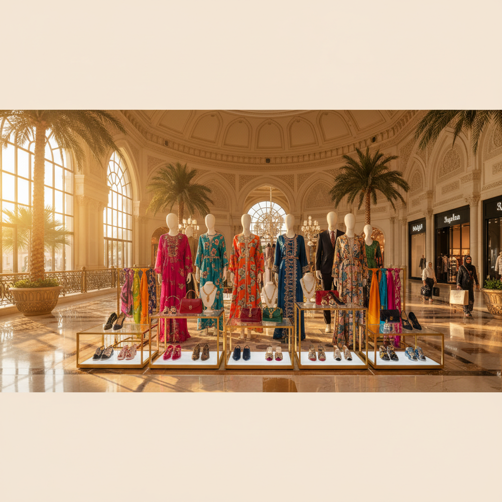 Vibrant display of fashion items in a Kuwaiti high-end shopping mall, horizontal